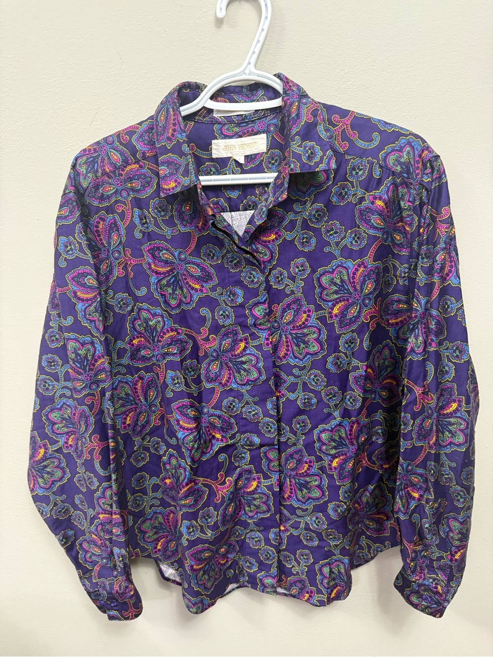 John Henry Women's Purple Paisley Button-Up Shirt - Vintage - Size 14